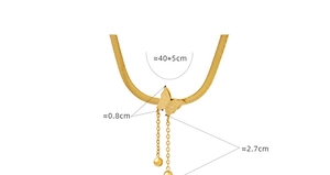 Detail shot of golden butterfly necklace with chain tassels and specific size markings