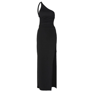 Detailed view of black one-shoulder maxi dress with ruched waist and high side slit