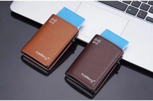 Dual-color RFID blocking card holders with lychee texture and automatic pop-up mechanism
