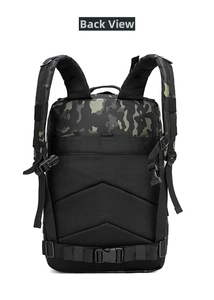 Tactical backpack back view showing ergonomic mesh straps and padded back support