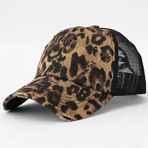 Distressed Leopard Camo Baseball Cap Mesh Trucker Hat Ponytail Breathable Adjustable Outdoor Retro Fashion For Women