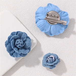 Three sizes of blue denim camellia flower brooches with dual-purpose metal pin clips