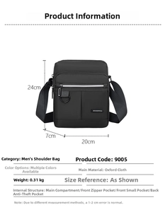 Detailed size chart for black oxford cross body bag measuring 24x20x7cm at 0.31kg