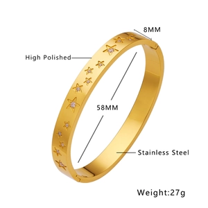 8mm polished gold stainless steel bangle with hollow star zircon inlay for women