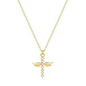 Macro shot of gold cross pendant with angel wings and white cubic zirconia stones