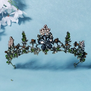 Baroque Vintage Bridal Crown Alloy Emerald Green Rhinestone Crystal Artificial Pearl Wedding Tiara For Women Fashion Hair Accessories