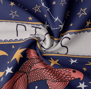 Detail of high-quality digital printed fabric featuring Pisces constellation and koi fish