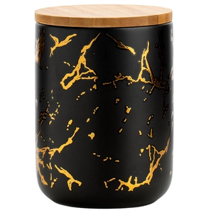 Nordic black ceramic storage jar with gold marble texture and light wood lid