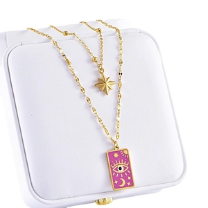 French vintage double-layered gold necklace with pink enamel eye and star moon pendant
