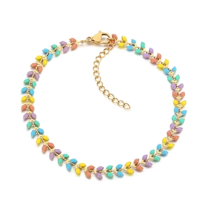 Bohemian gold ankle bracelet with colorful enamel leaf charms and adjustable chain
