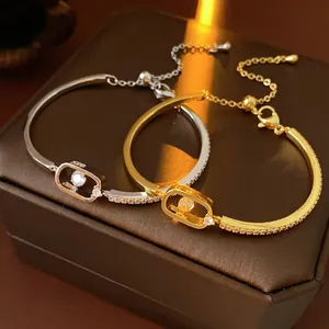 Moving Zirconia Bracelet 18K Gold Plated Copper Geometric Oval Pave Frame Adjustable Fashion Jewelry For Women Elegant