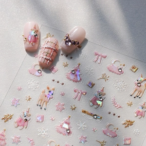 Pink Christmas nail stickers with 3D cartoon bear, reindeer and snowflake patterns