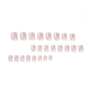 Short square nude pink press on nails set with purple French tips 24pcs pack