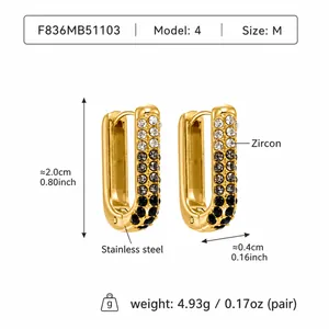 Size chart showing height 2.0cm and width 0.4cm for gold U-shaped zircon earrings
