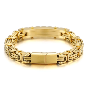 Men's gold plated stainless steel Byzantine chain bracelet with rectangular plaque
