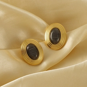 Vintage 18K gold plated stainless steel stud earrings with grey oval natural stones