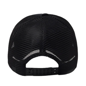 Back view of black mesh trucker hat featuring breathable polyester and adjustable snapback