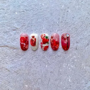 5-piece press-on nails set featuring red fruit designs and 3D water drop details