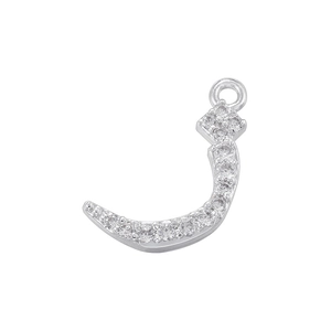 Detailed view of silver Arabic letter Zain pendant with sparkling cubic zirconia stones