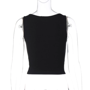 Detail view of the slim fit black ribbed tank top showing the sleek racerback design