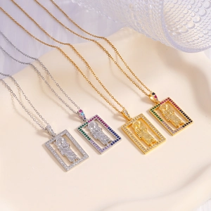 Square Virgin Mary pendant necklaces with colorful zircon stones in gold and silver finish