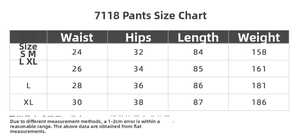 Size chart for high waist yoga pants showing waist, hips and length measurements in cm