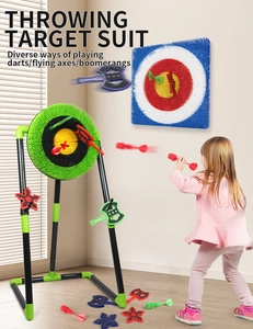 Kids throwing target suit featuring a round green stand target and colorful foam axes