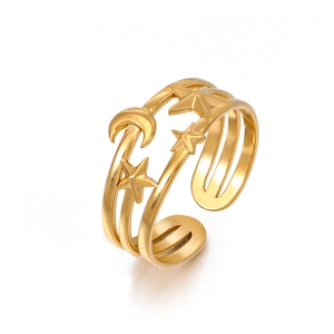 Gold star and moon triple-layered stainless steel open ring for women on white background