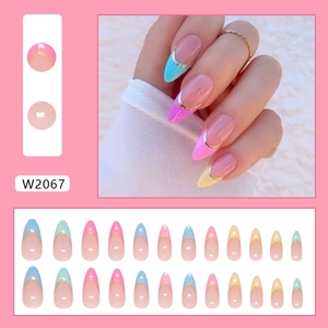 Rainbow macaron press on nails with gold French tips 24pcs kit SKU W2067