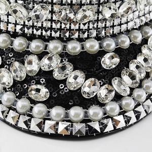 Black captain hat with pearls, sequins and rhinestones for weddings and parties