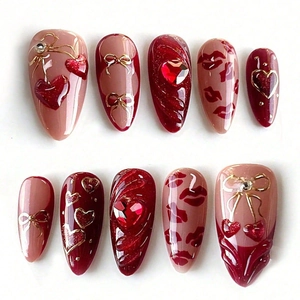 Press On Nails Long Almond Wine Red Nude Pink Dimensional Heart Gold Bow Rhinestone French Style Handmade Fake Nails Women