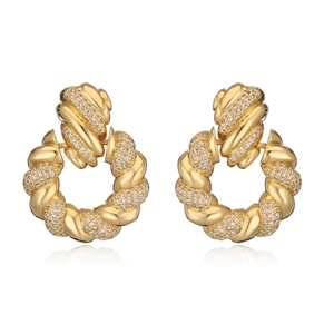 Elegant 18K gold-plated twisted hoop earrings with zircon stones on white background