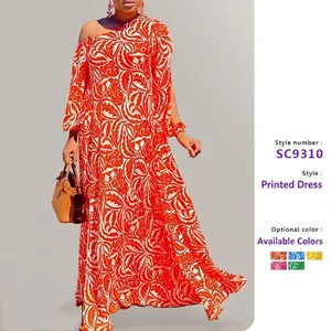 Robe Maxi Imprimée À Une Épaule Pour Femmes Polyester Manches Longues Asymétrique Bohème Été Vacances Plage Élégante