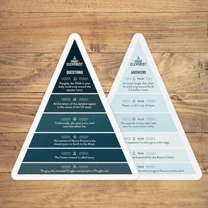 Close-up of Mount Cleverest trivia cards showing questions and answers on wood background
