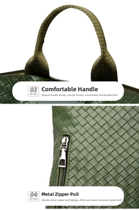 Detail of dark green woven backpack showing padded handle and smooth metal zipper pull