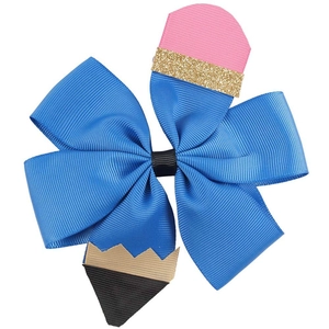 5-inch blue ribbed pencil bow hair clip with sequins and school stationery design