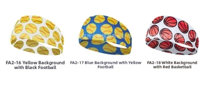 Detailed macro view of elastic sports headbands featuring baseball and basketball patterns