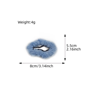 Soft blue plush hair clip for women with dimensions of 8cm by 5.5cm shown on white background