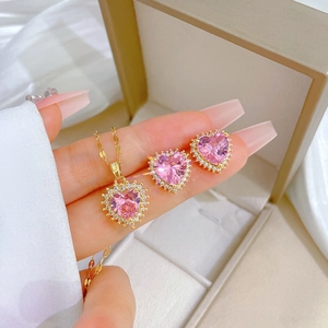 Pink Heart Pendant Necklace And Earrings Gold Plated With Silver Earring Post Elegant Fashion Jewelry For Women