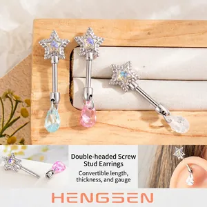 Titanium Steel Star Dangle Cartilage Piercing Stud Earring With Cubic Zirconia Waterdrop Pendant Screw Back Jewelry