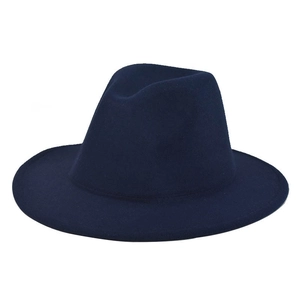 Close-up of dark blue wool fedora hat with reinforced stitching on flat brim