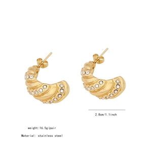 Detail view of gold C-shape stainless steel earrings with rhinestones and dimensions