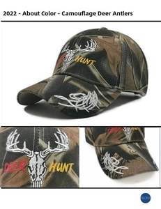 Detail of deer skull embroidery and camo pattern on a tactical baseball cap