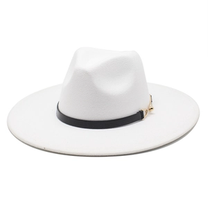 Classic white wide brim wool fedora hat with a black leather band and gold buckle detail