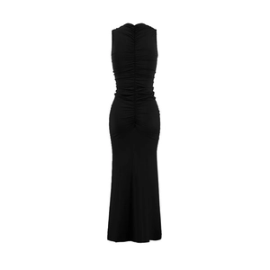 Detailed back view of a sleeveless black bodycon maxi dress with ruching detail