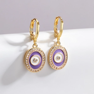 Exquisite gold-plated evil eye hoop earrings with purple enamel and sparkling zircon