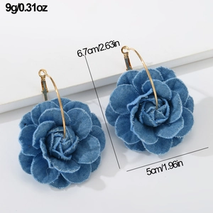 Detailed size view of denim camellia drop earrings with gold hoops and dimensions