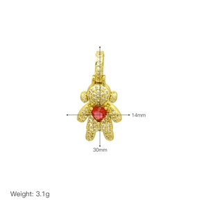Gold-plated bear pendant with red heart gemstone and clear cubic zirconia stones