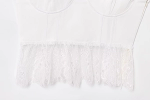 Detailed macro view of white lace trim hem and ribbed fabric texture on women's top