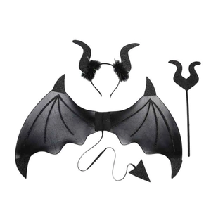 Halloween devil costume set with black wings, horn headband, tail and pitchfork